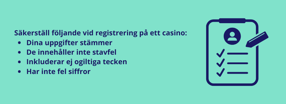 Uppgifter vid registrering på ett casino.